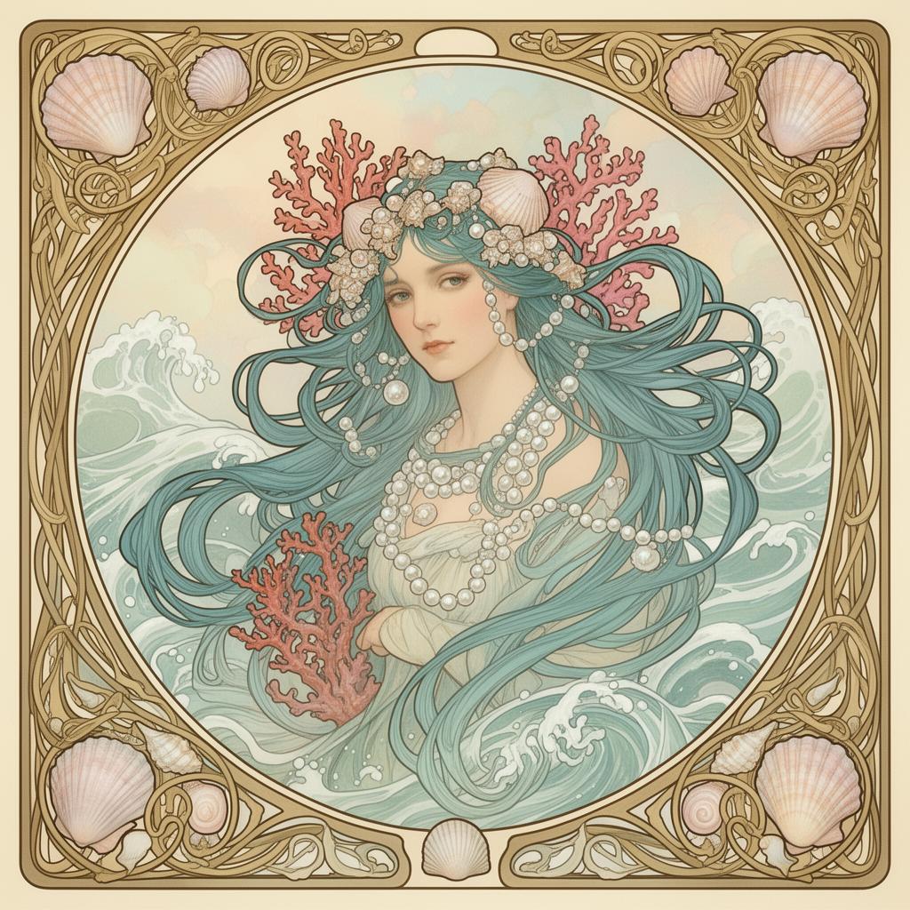 Art nouveau sea goddess with shells and pearls